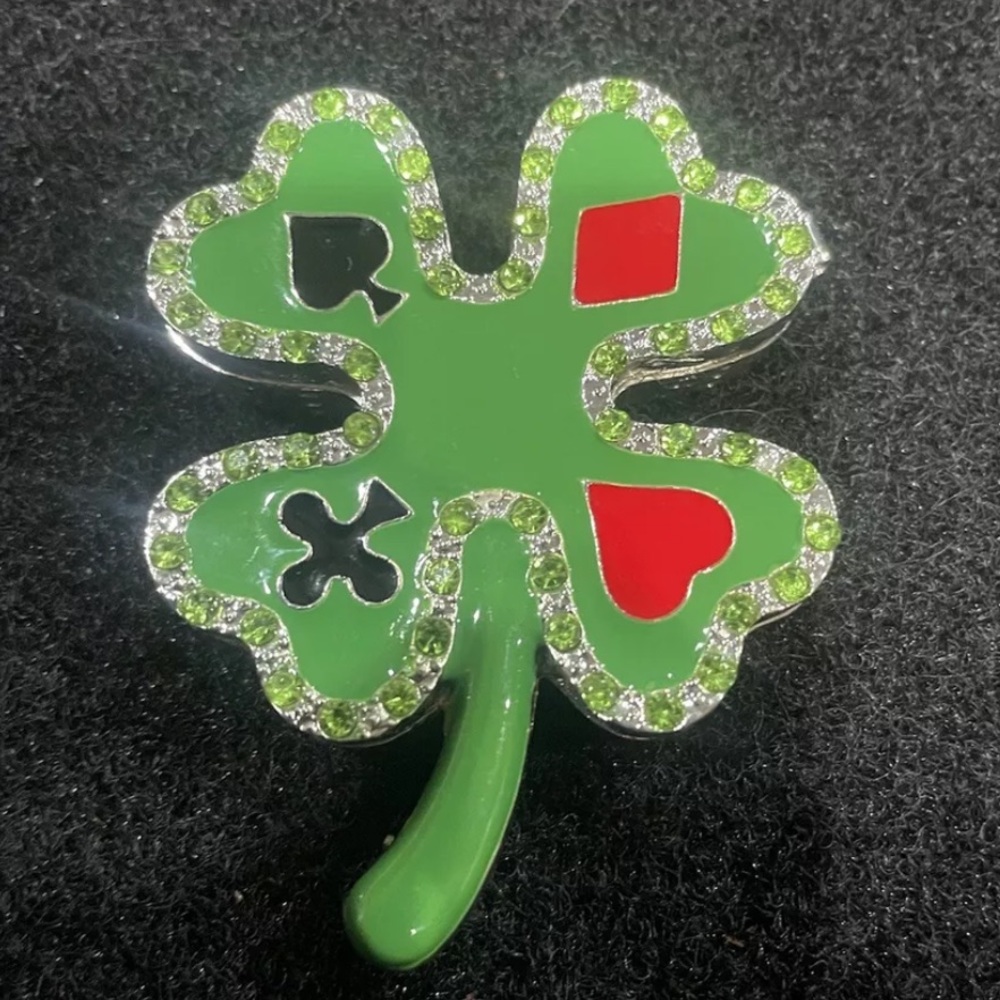 Enamel Lucky Clover Trinket Box W/Card Symbols & Rhinestones